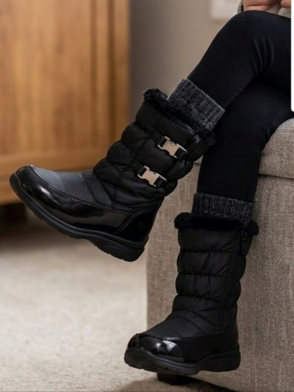 NWT Totes Girls Black Two-Buckle Waterproof Insulated Winter Snow Boots Size 1
